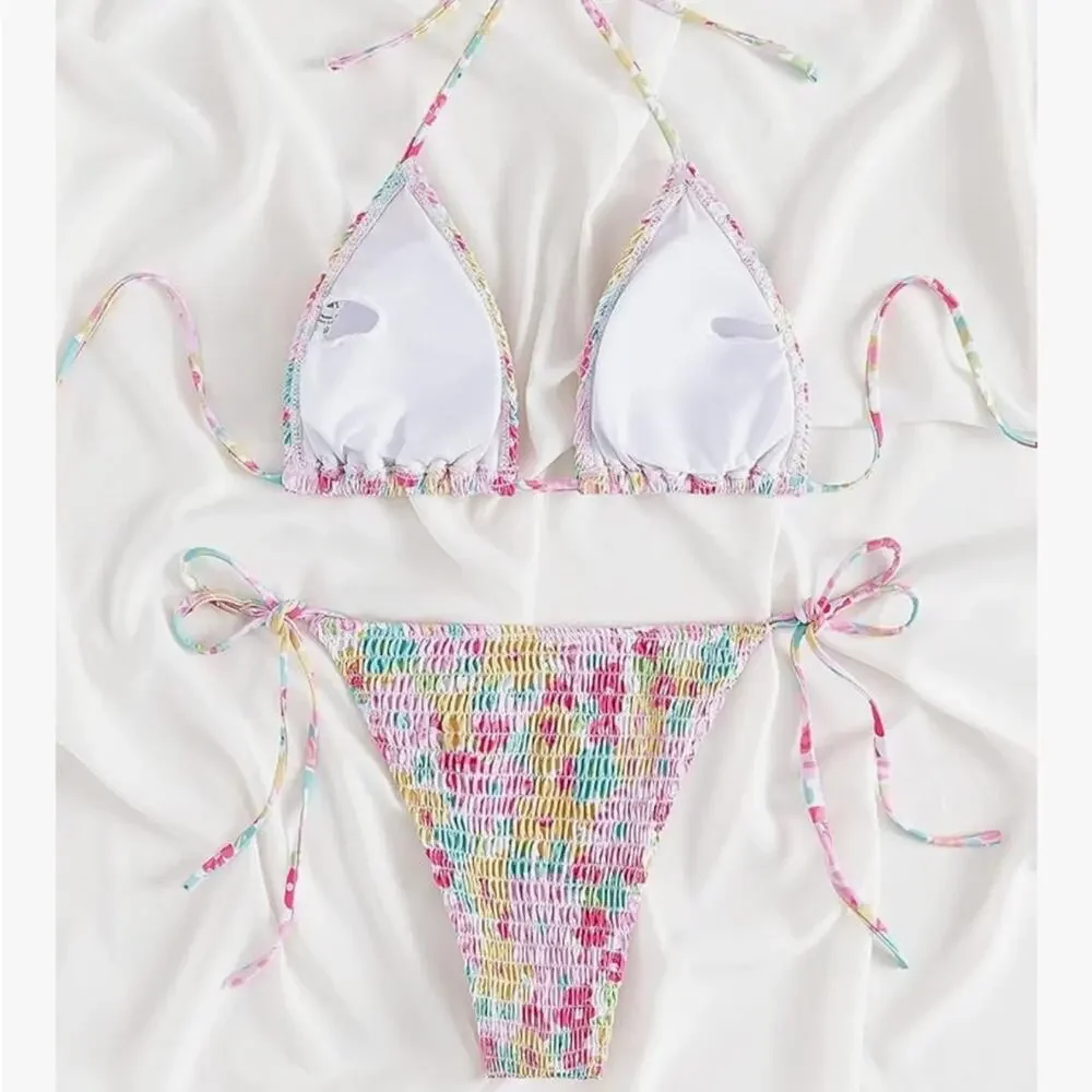 New COZYEASE Women's 2 Piece Floral Bikini Smocked Drawstring Triangle, Small
